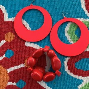 RED RED RED Large Light WoodEarrings (3 inchs) and RED BEAD Bracelet (stretchy)